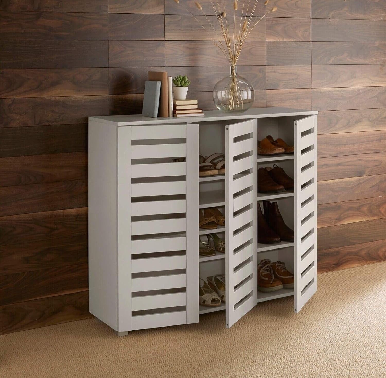 Grey 3 Door Wooden Shoe Cabinet with Slatted Doors, Large Storage Cupboard