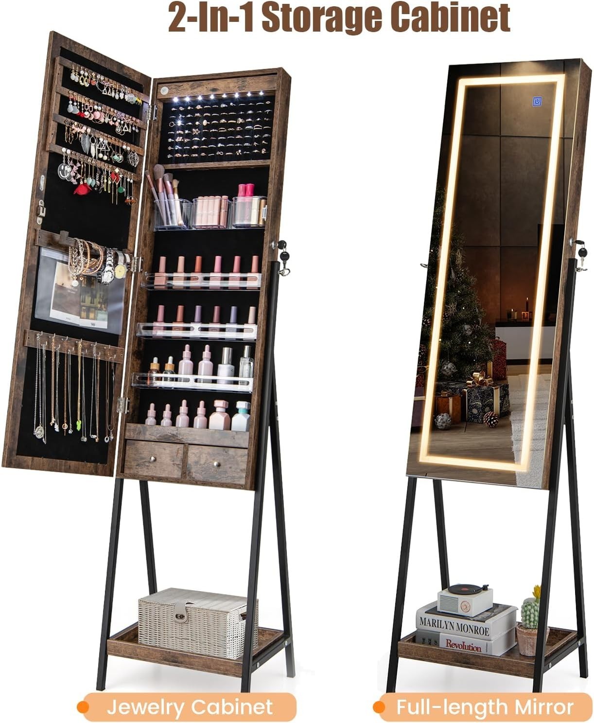 Rustic Brown LED Jewellery Armoire Full Length Mirror Lockable Organizer