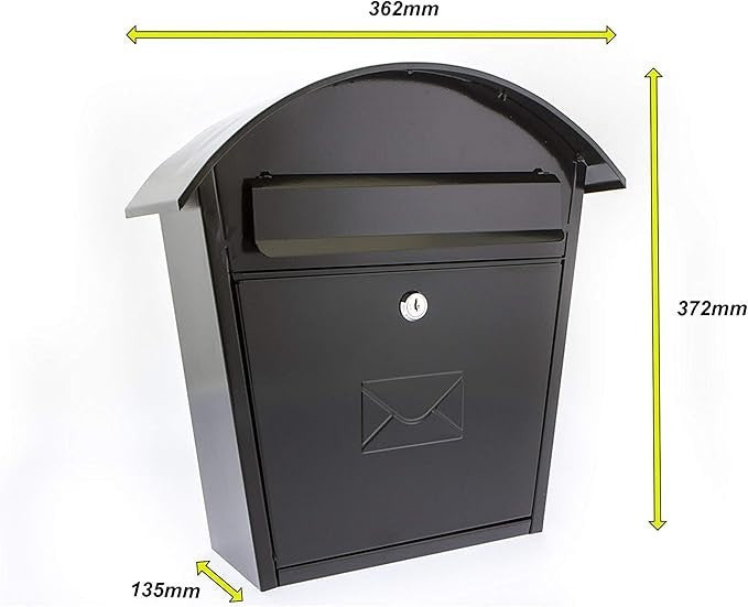Lockable Wall Mounted Mailbox Black Steel Weatherproof Secure Box 36x37x13cm