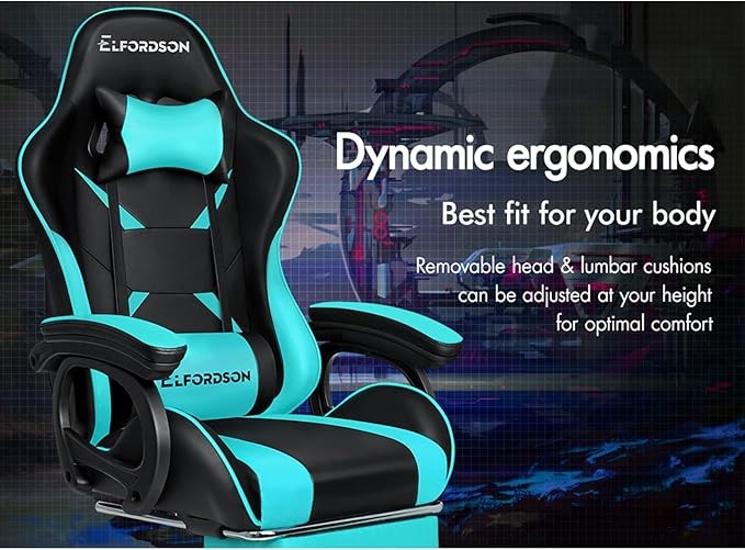 ELFORDSON Gaming Chair w/ 2-Point Massage Lumbar Cyan