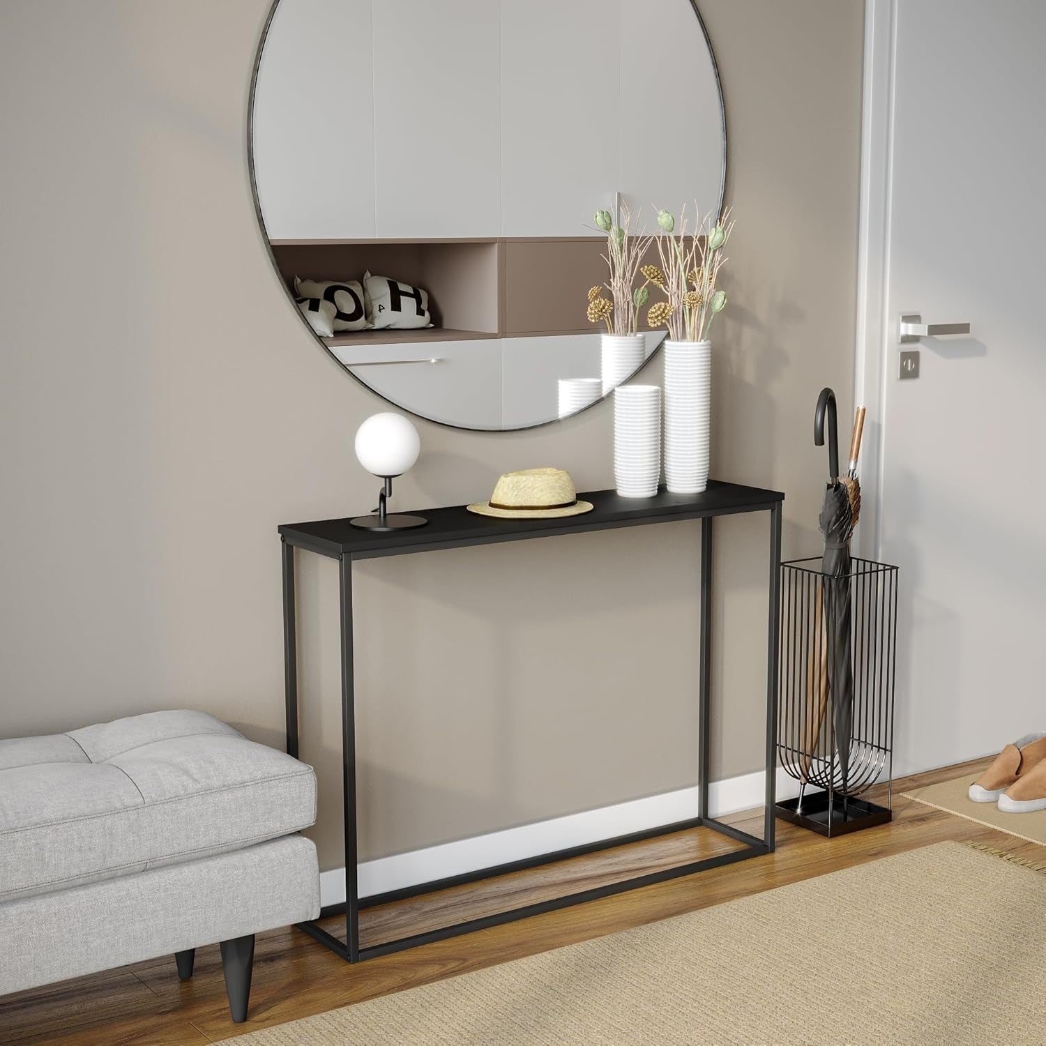 Slim Wooden Console Table with Metal Legs, Industrial Hallway Storage