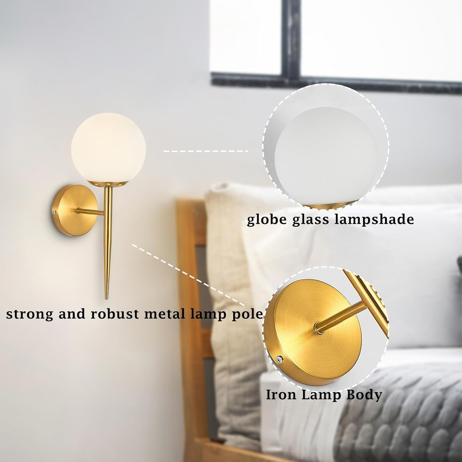 Adjustable Gold LED Wall Light with Glass Shade for Bedroom & Hallway
