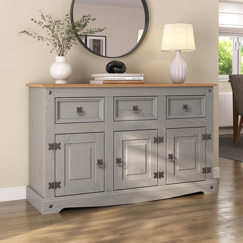 Solid Pine Sideboard Cabinet Grey 3 Door 3 Drawer Storage Cupboard Unit