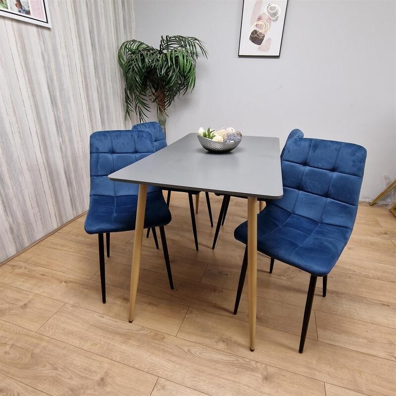 Modern Grey Dining Table Set with 4 Blue Velvet Chairs for Kitchen Home
