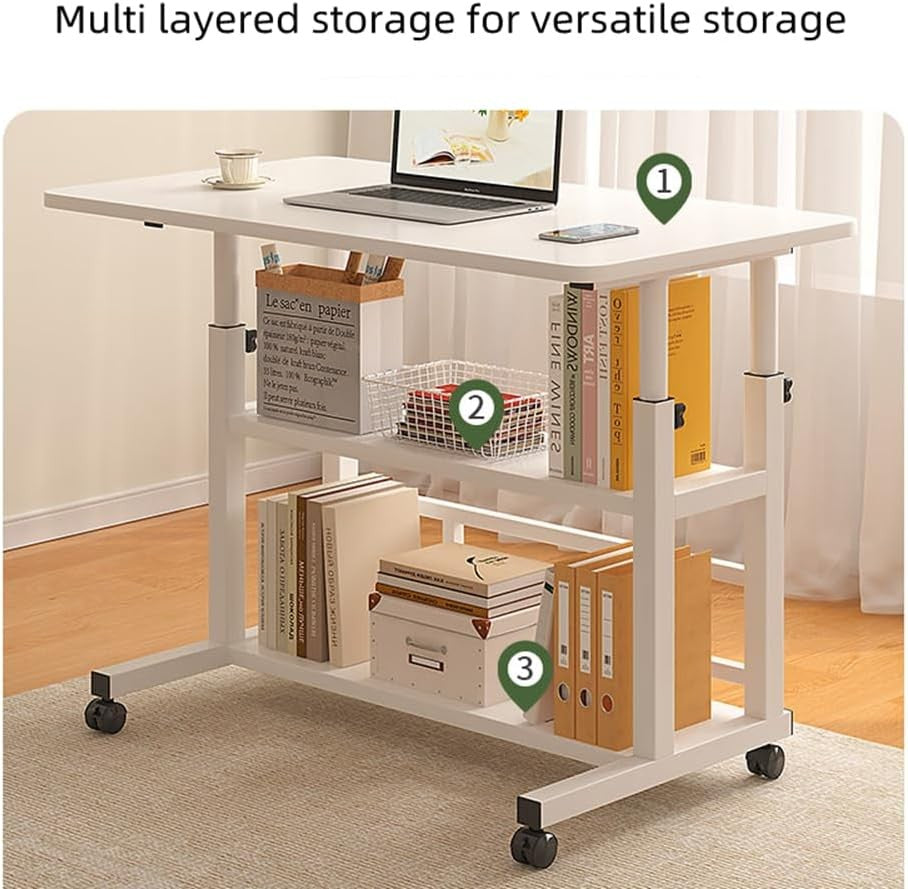 Mobile Computer Desk Height Adjustable Rolling Laptop Table with Shelves White