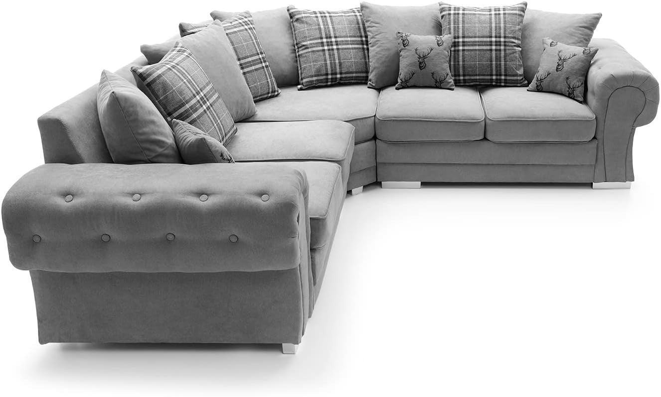Grey L Shape Corner Sofa 5 Seater with Luxury Foam Cushions & Chrome Legs