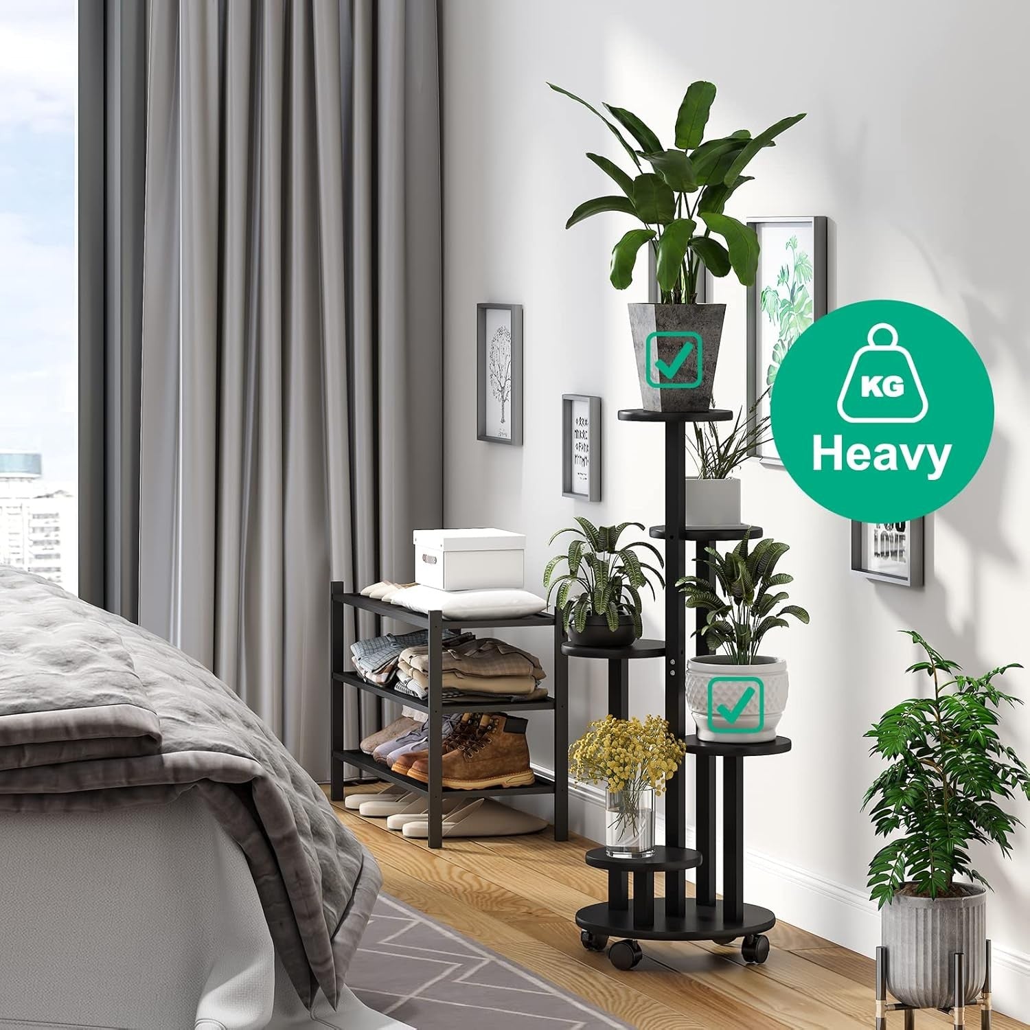 5 Tier Black Bamboo Plant Stand with Wheels Indoor Outdoor Corner Flower Shelf