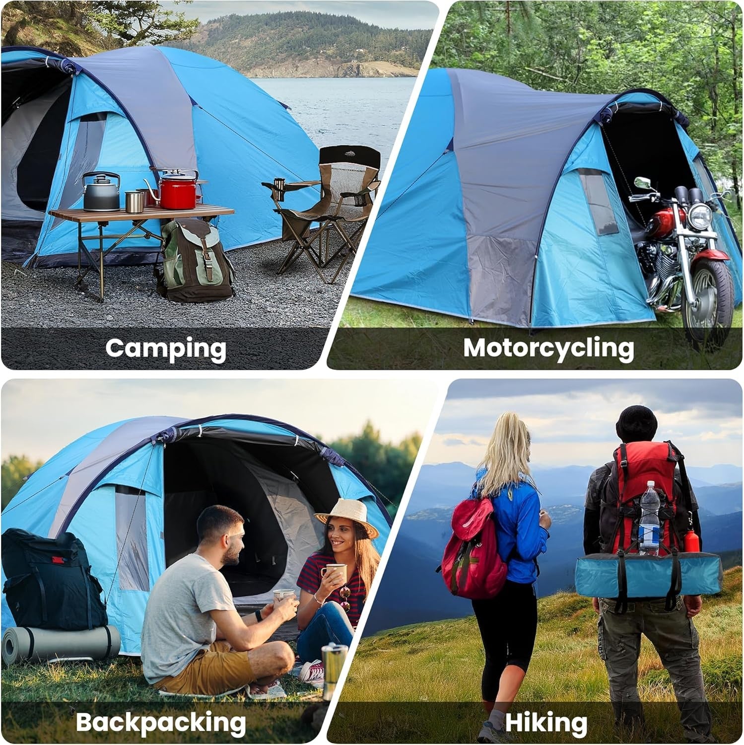 4 Person Dome Camping Tent Waterproof Family Hiking Blue