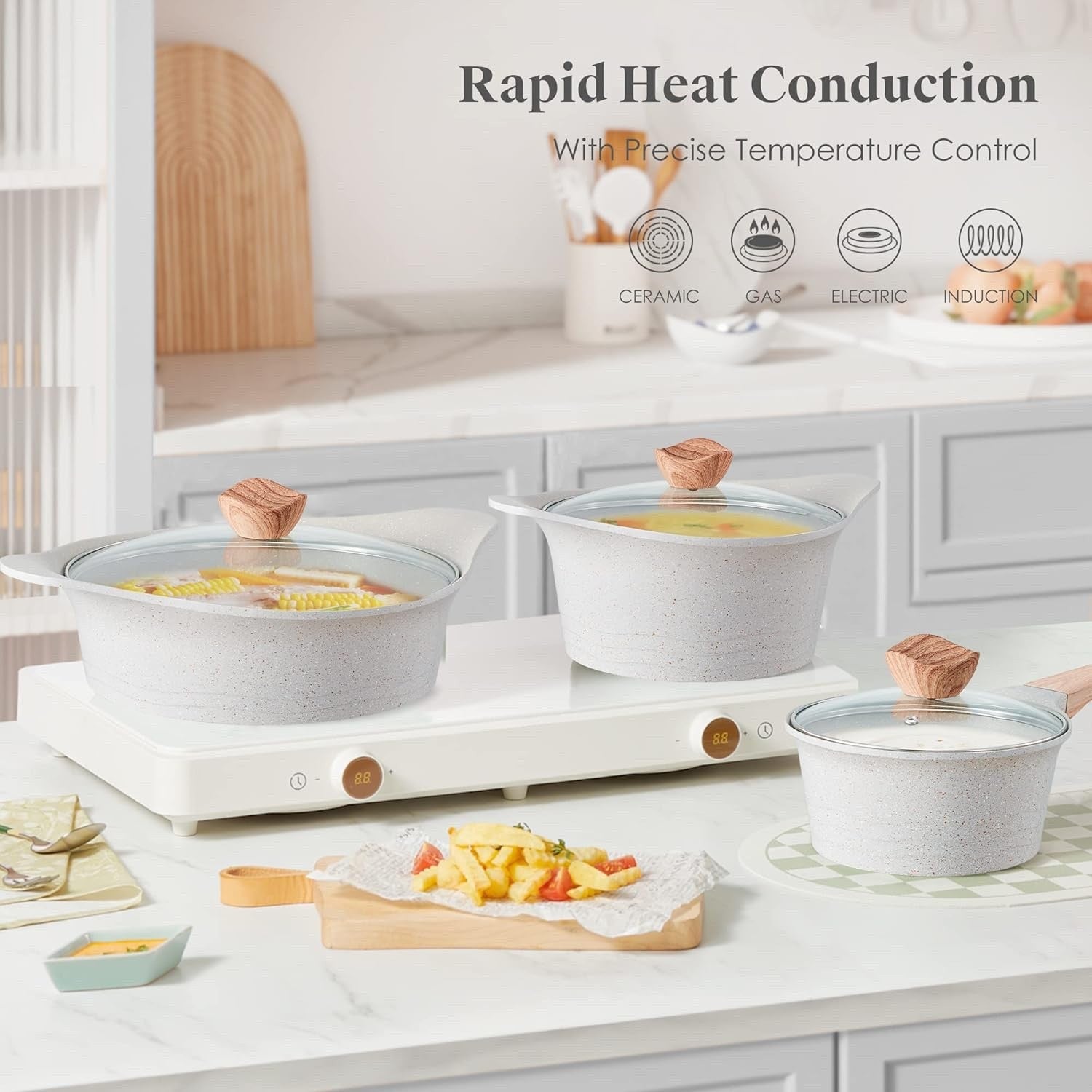 2Pcs Beige Granite Non Stick Casserole Pot Set with Glass Lids, Induction Safe