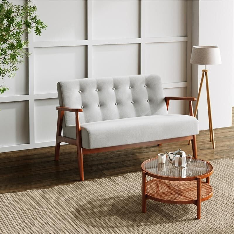 Grey Tufted 2 Seater Sofa Linen Upholstery Walnut Wood Frame Living Room