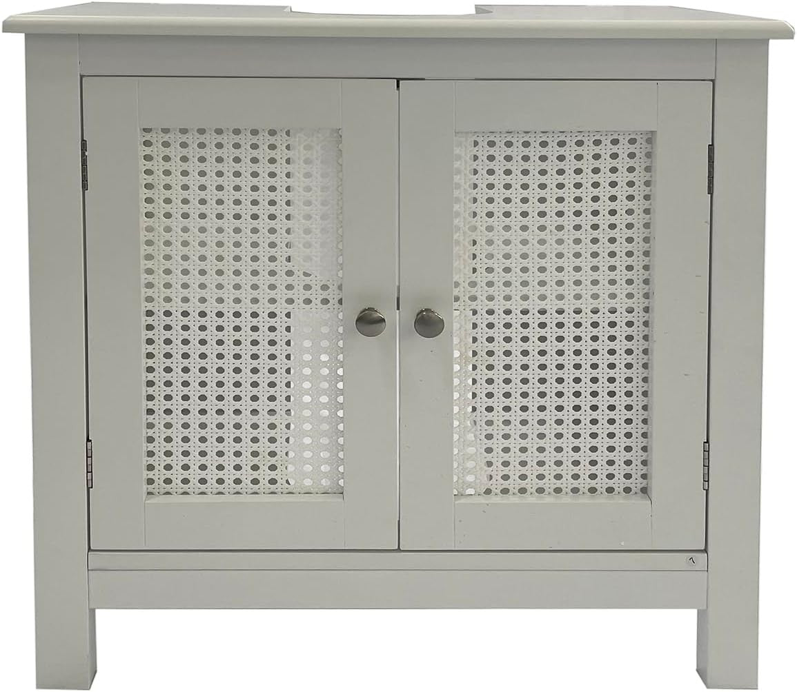 White Under Sink Bathroom Cabinet with Cane Doors & Adjustable Storage Shelf