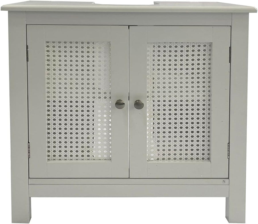 White Under Sink Bathroom Cabinet with Cane Doors & Adjustable Storage Shelf