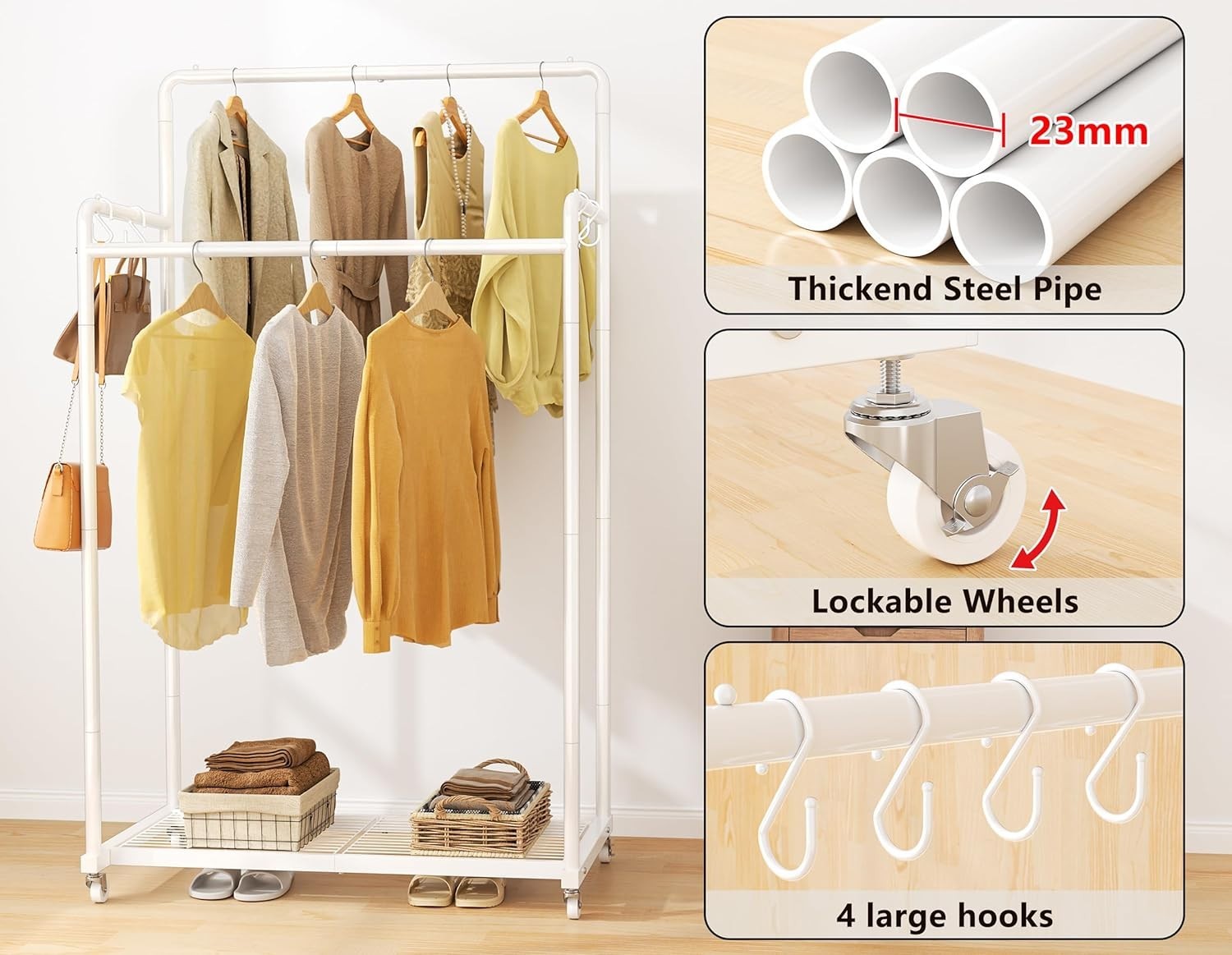 Double Clothes Rail 80KG Heavy Duty Rack With Shelf White