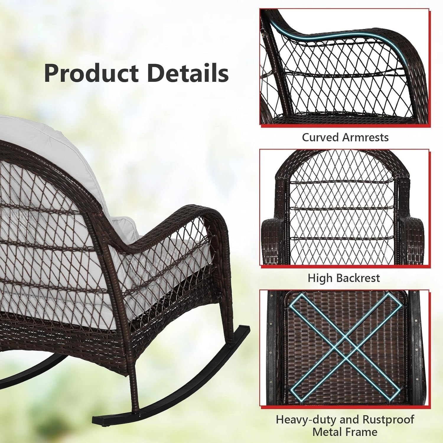 Garden Rattan Rocking Chair Grey Cushioned Outdoor Patio Armchair