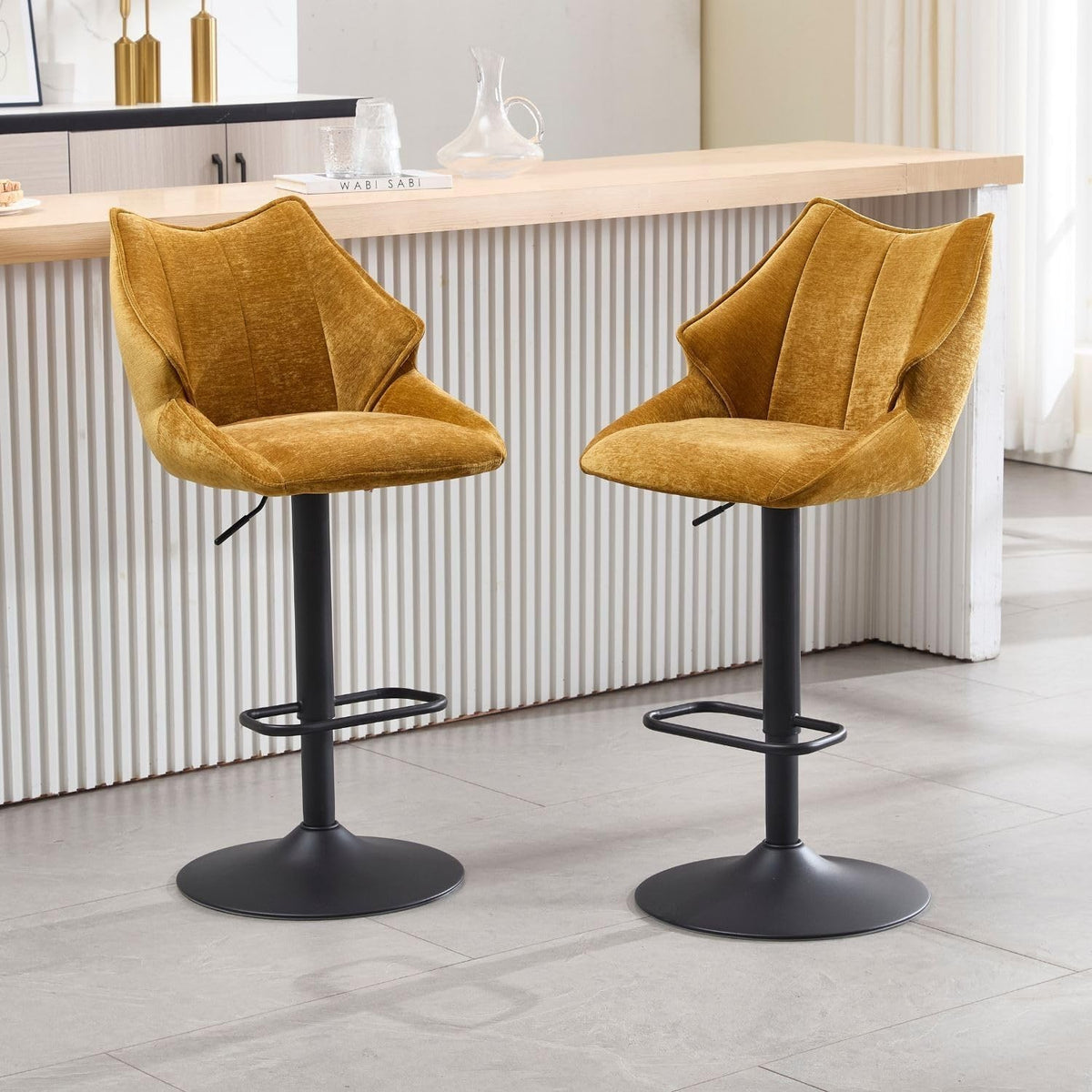 Yellow Chenille Bar Stool Set of 2 Adjustable Swivel Kitchen Counter Chairs
