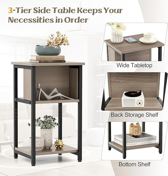 Modern 3-Tier Narrow Bedside Table with Shelves & Storage, Small Space Side
