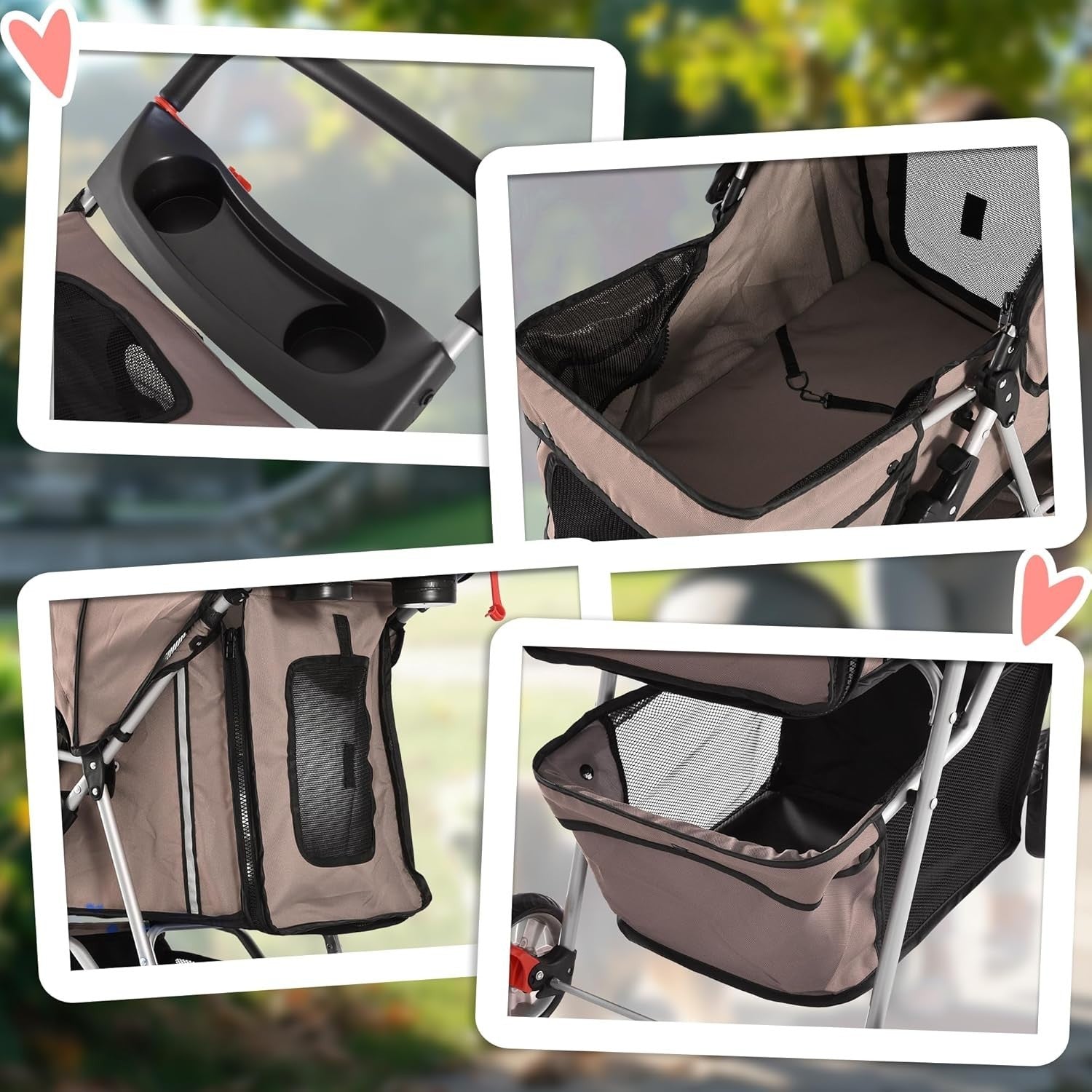 Dog Stroller Foldable 3-Wheel Pet Pram Small Dogs Cats Brown Lightweight