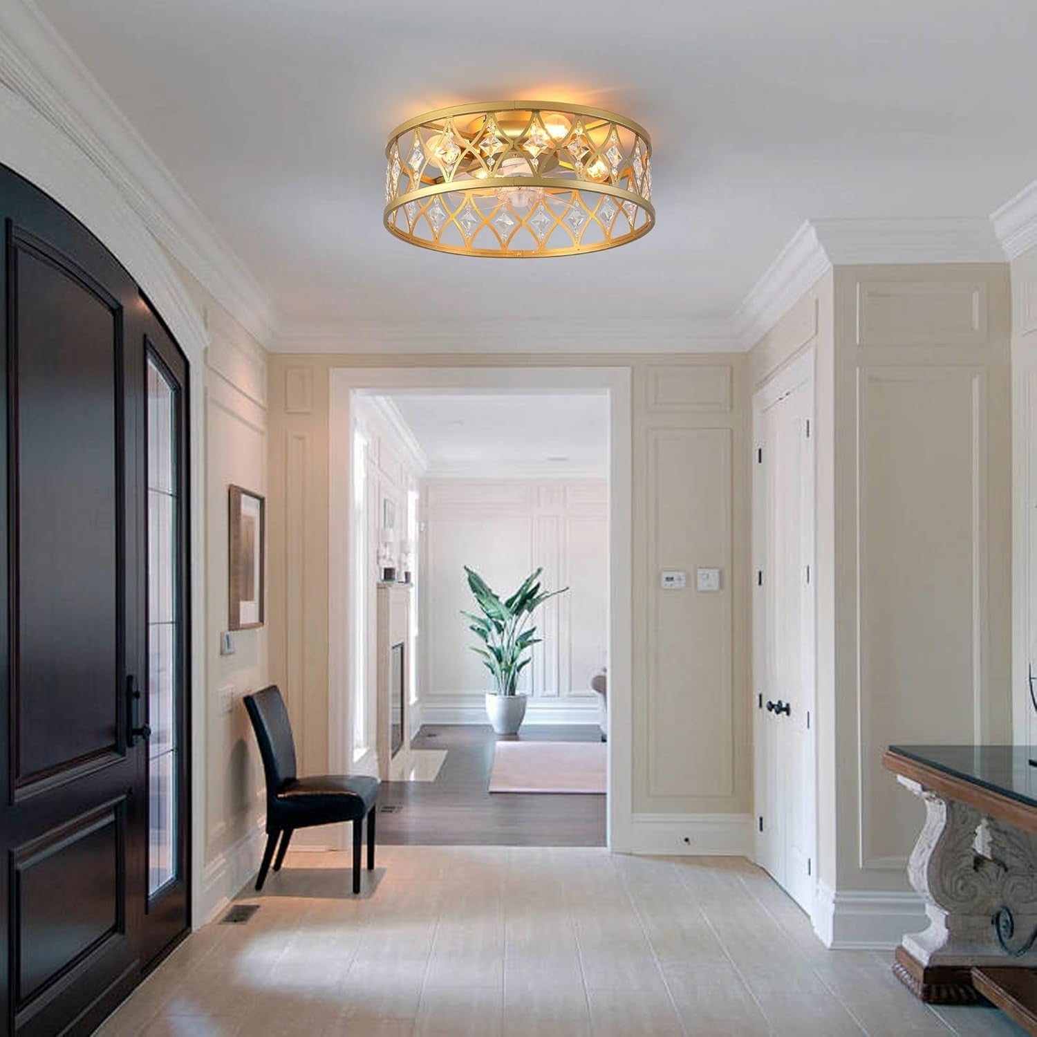 20" Caged Ceiling Fan Light, Crystal, Gold, 4 Lights, Remote