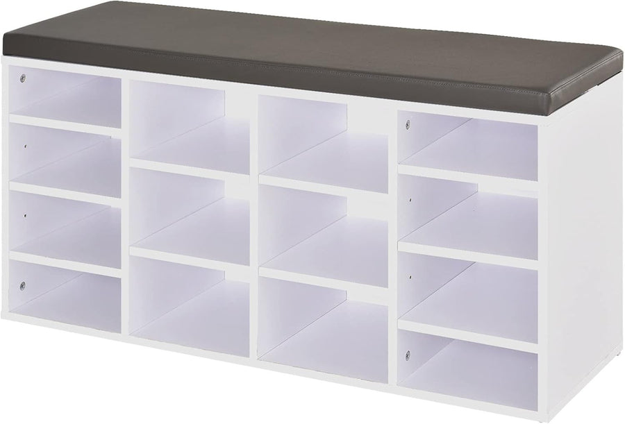 Multi-Storage Shoe Rack with Cushion & 14 Compartments, 103.5x30x48 cm White