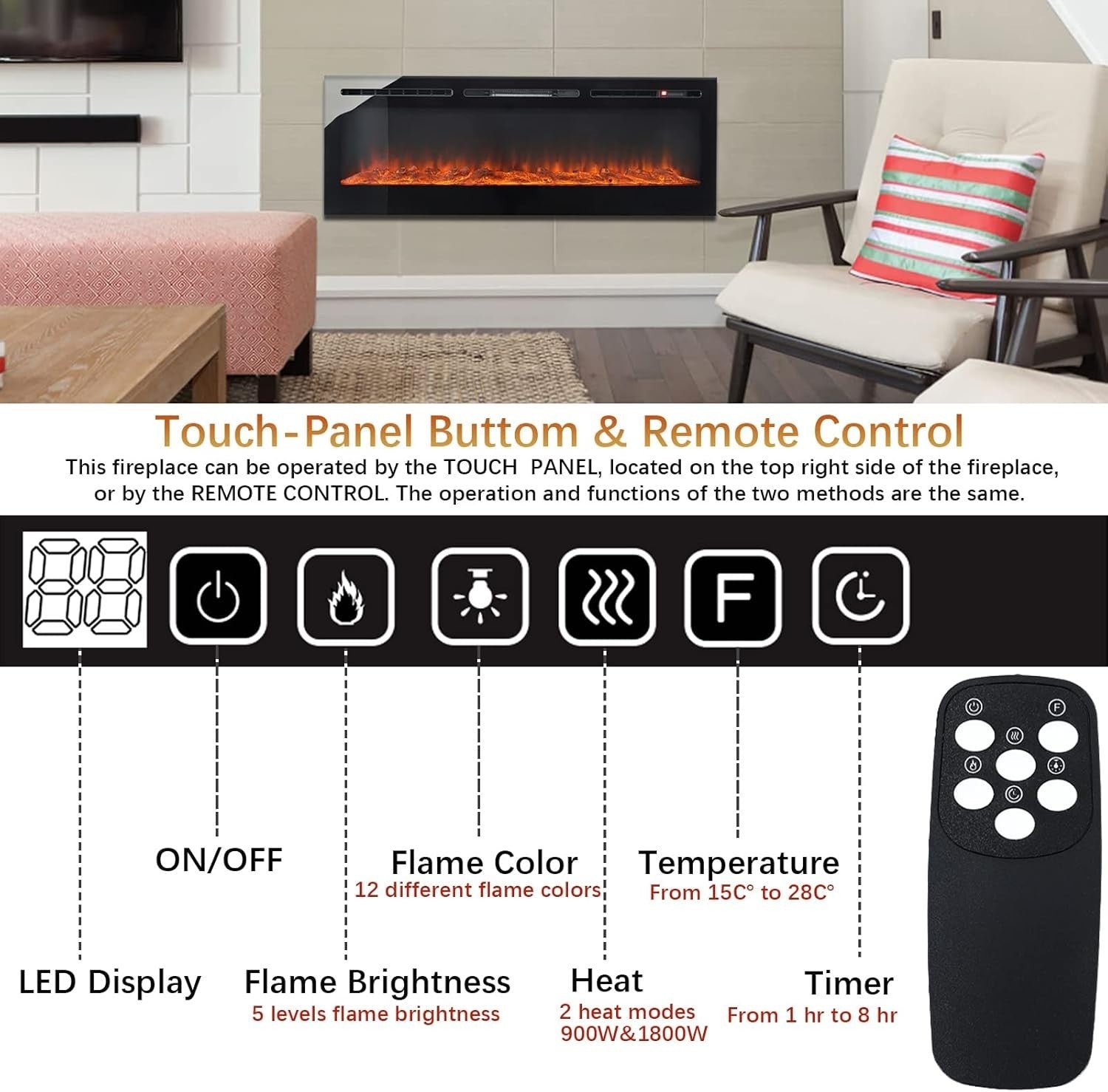 50in Recessed Electric Fireplace Wall Heater LED 12 Flames Touch Remote