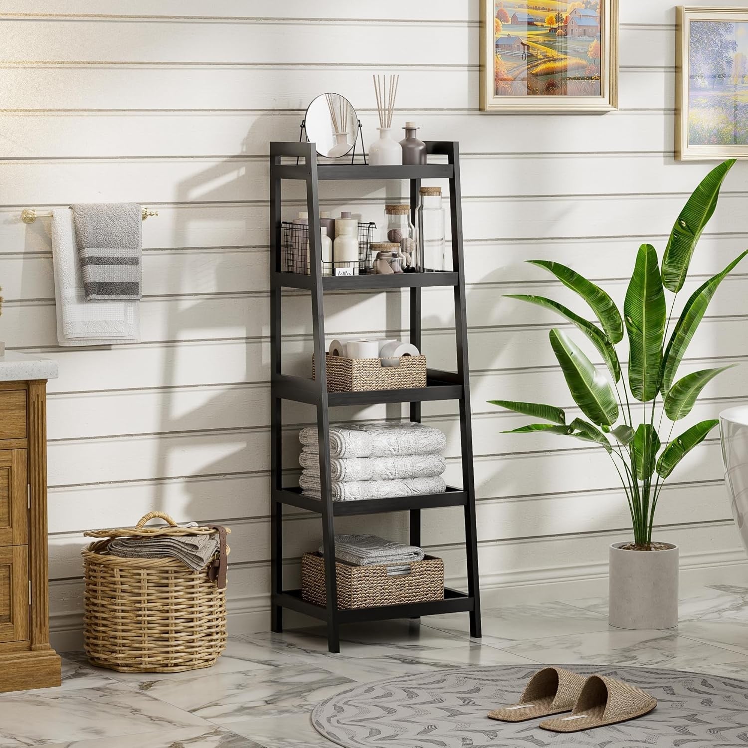 Black 5-Tier Ladder Bookcase, Tall Narrow Bamboo Frame Display Storage Shelf