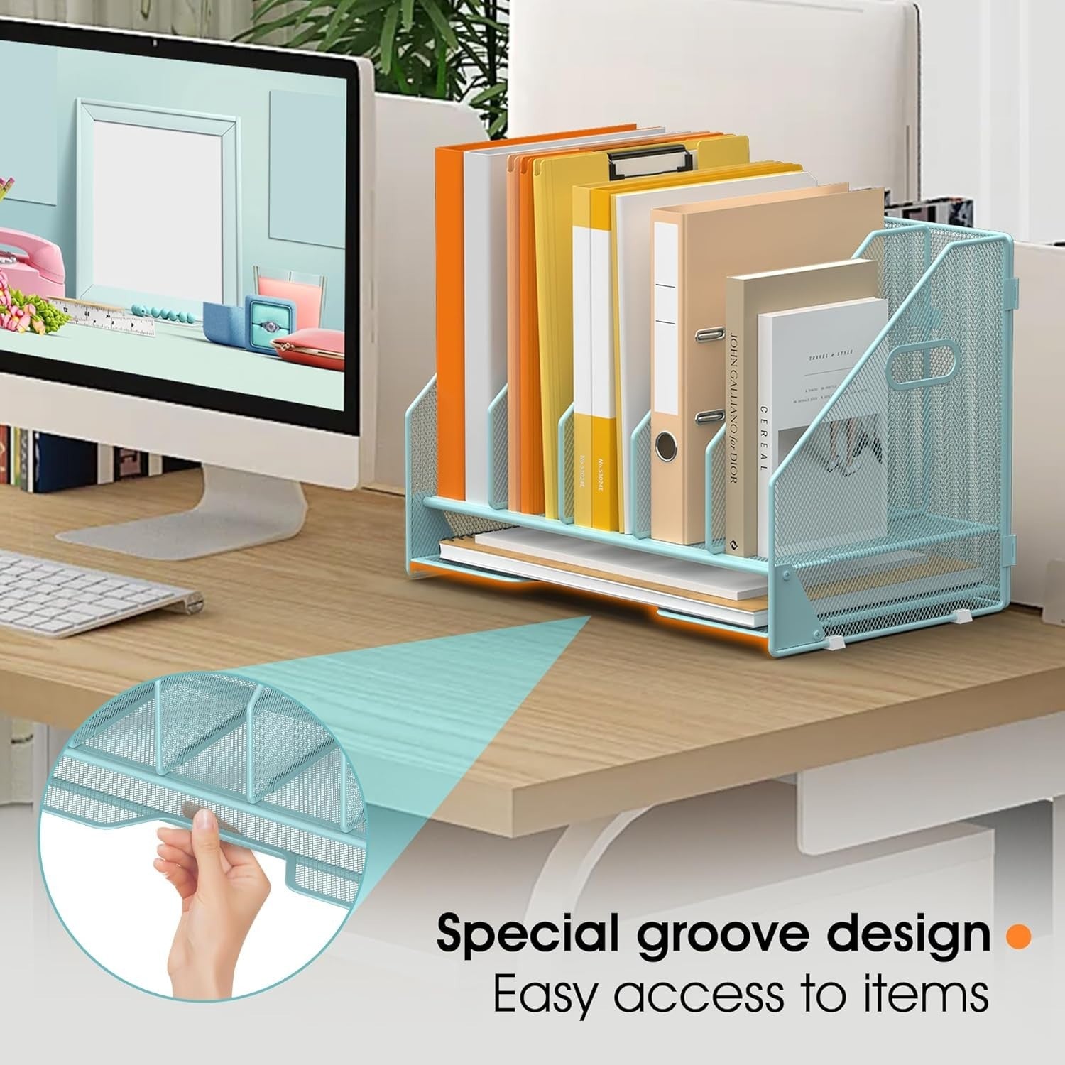 4-Tier Desktop File Organizer with Adjustable Compartments & Letter Tray, Sea Gr