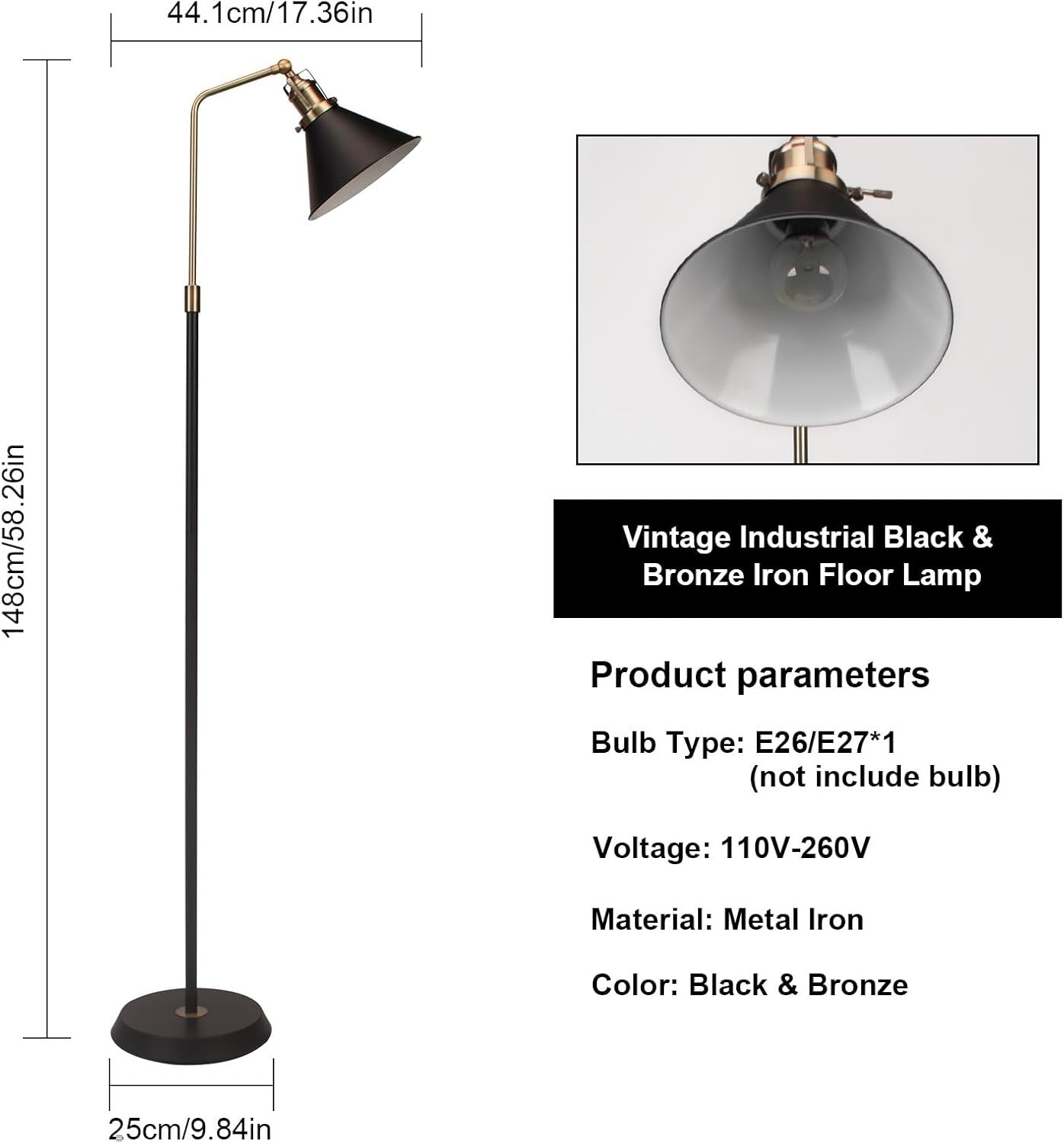 Industrial Floor Lamp Black Bronze Adjustable Head Vintage Metal Standing Light