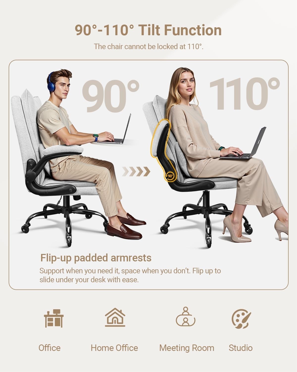 Ergonomic Office Chair Adjustable Lumbar Support Flip-Up Armrests Swivel Desk Se