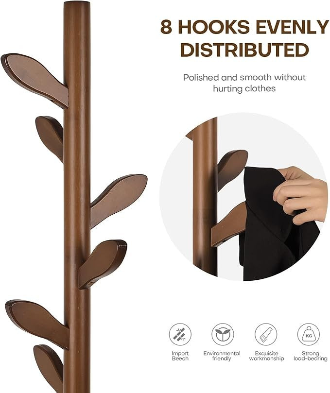 Vintage Brown Wooden Coat Rack 182cm Tree Stand with 8 Hooks Freestanding
