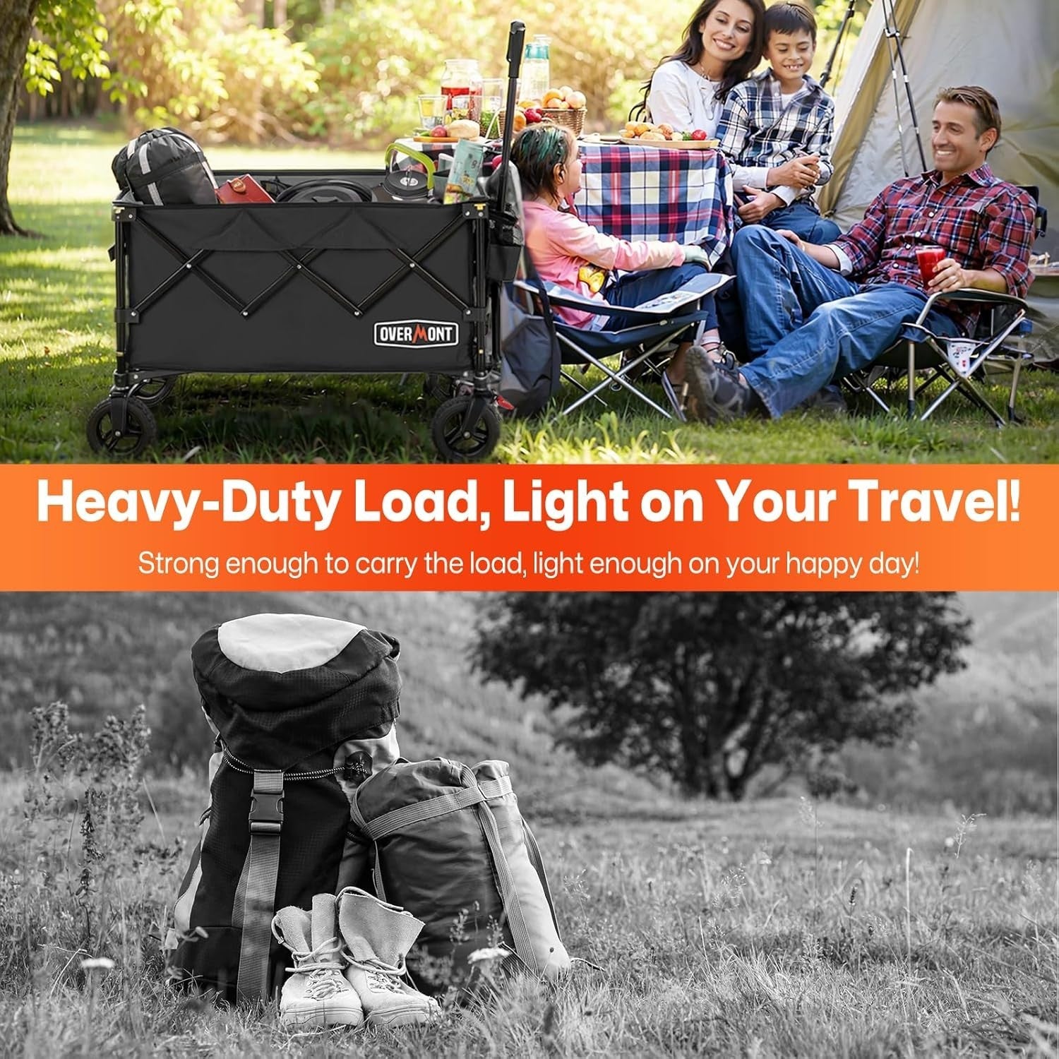 Black Heavy Duty Folding Camping Wagon 150kg Wide Wheel Festival Garden Trolley