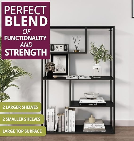 Tall Black Metal Display Shelf – 4-Tier Large Storage Unit for Living Room