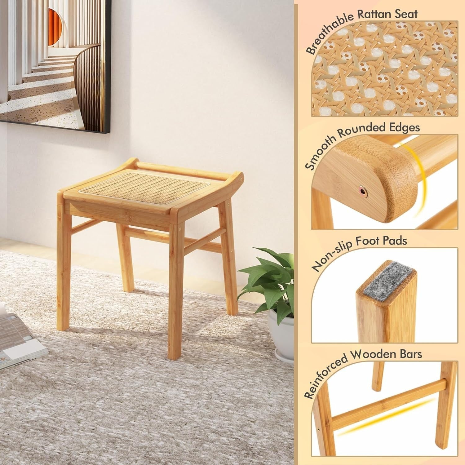 Natural Bamboo Vanity Stool Rattan Top Footrest Dressing Table Seat 38×40×43cm