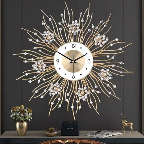 Large Sunflower Wall Clock 50cm Silent Modern Luxury Metal Crystal Home Decor