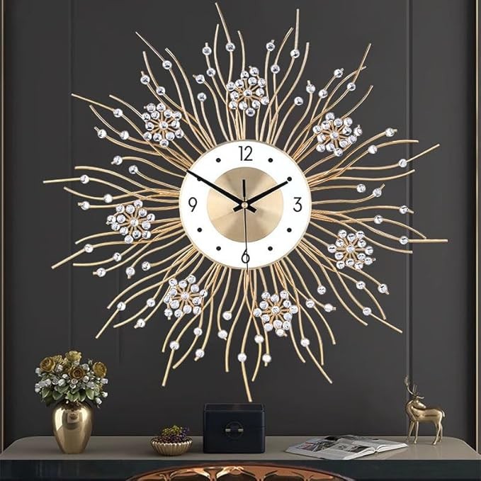 Large Sunflower Wall Clock 50cm Silent Modern Luxury Metal Crystal Home Decor