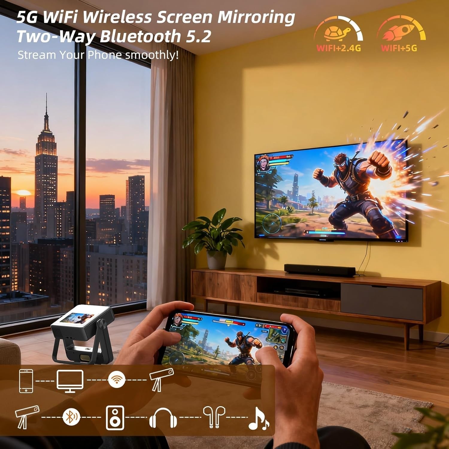 Touch Screen Smart Projector 1080P WiFi 6 Bluetooth Auto Focus 180°