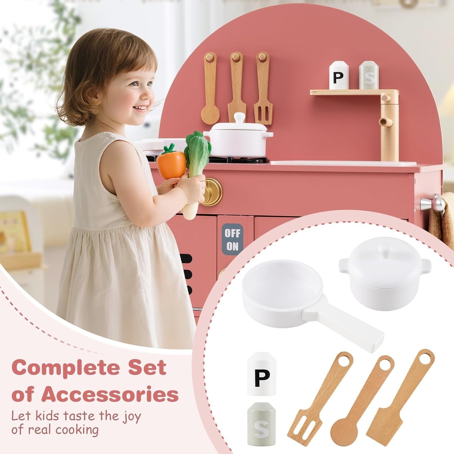 Kids Wooden Play Kitchen Pink Pretend Cooking Toy Set Accessories