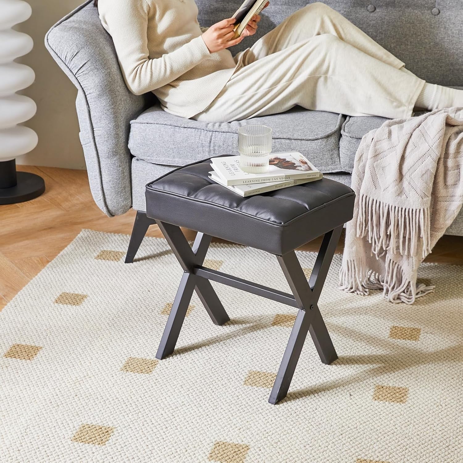 Black PU Square Makeup Stool with X-Leg Base – Vanity Footrest Ottoman
