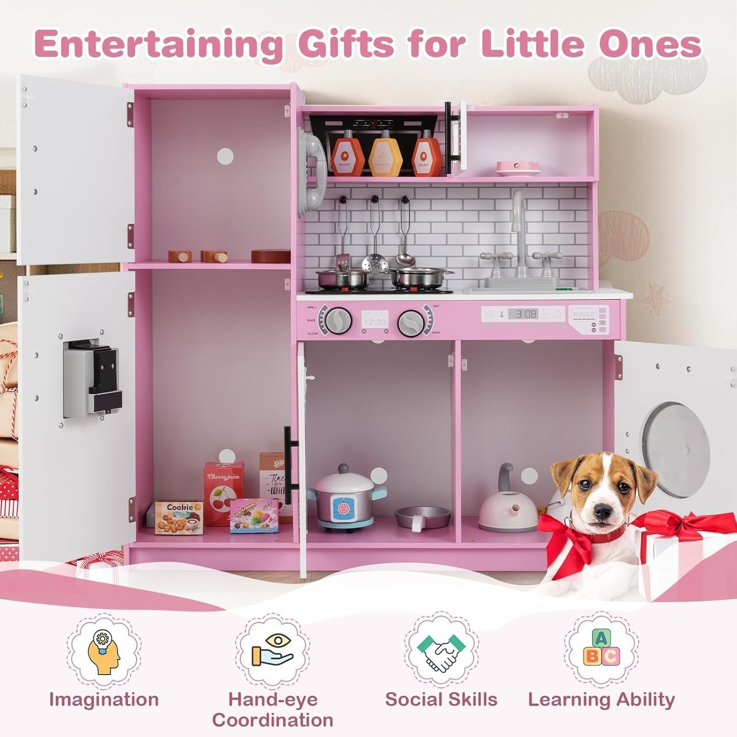 Kids Wooden Play Kitchen Set w/ Lights Sounds Oven Microwave Pink