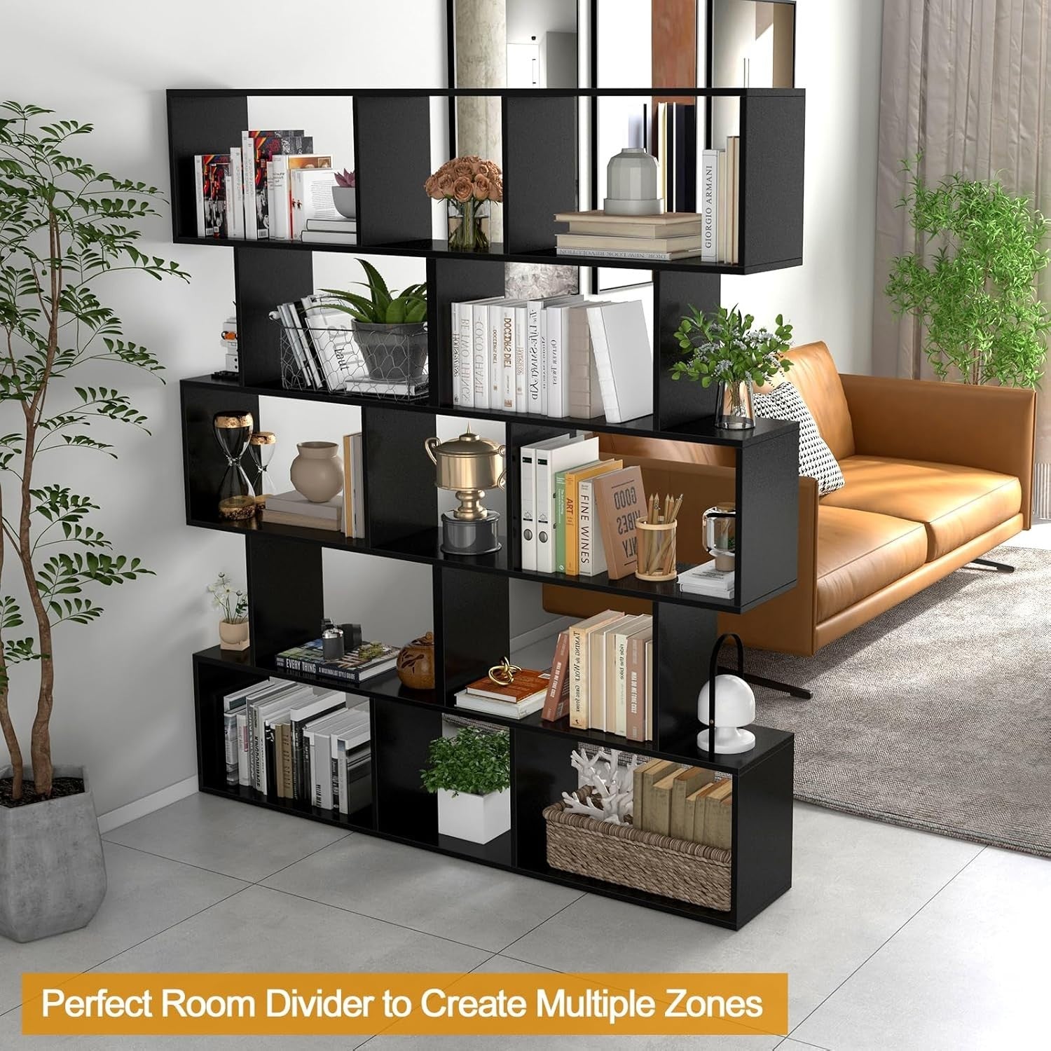 S Shaped 5 Tier Wooden Bookcase Freestanding Display Storage Shelf Black
