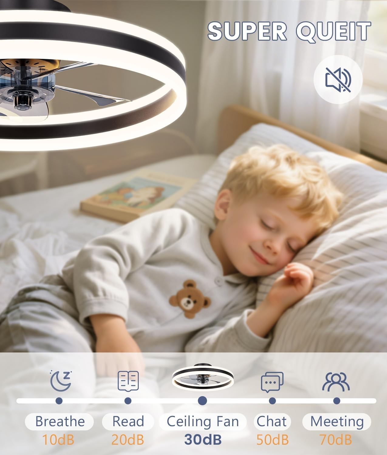40cm Ceiling Fan Light, 6 Speeds, Dimmable LED, Reversible, Quiet Black Fan