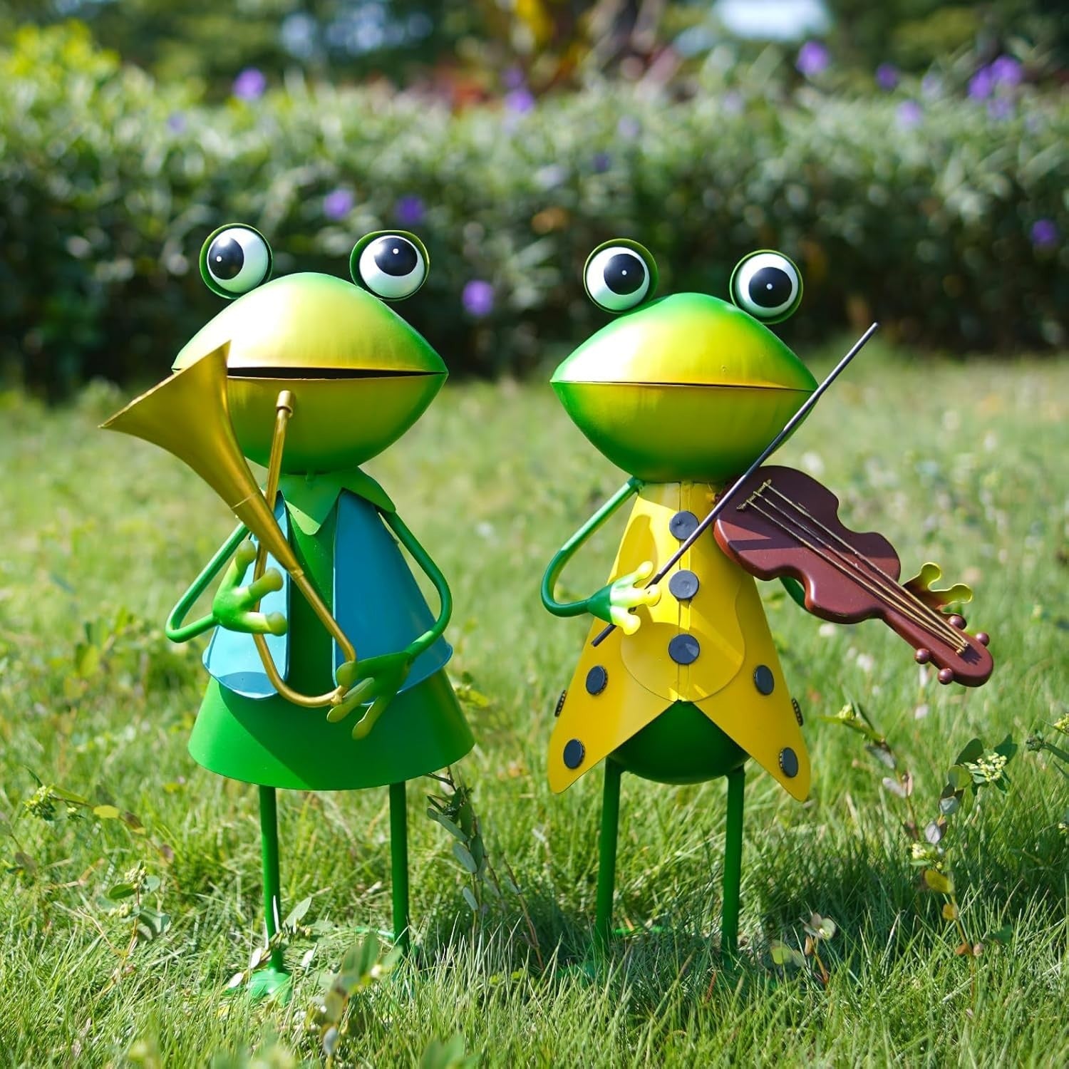Metal Frog Violin Garden Ornament 3D Outdoor Yard Art Fairy Lawn Decor Statue