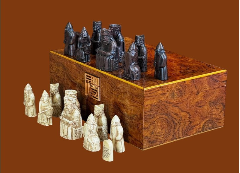 Luxury Isle of Lewis Ivory & Teak Chess Pieces in Burlwood Display Box