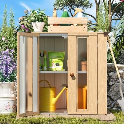 Metal Garden Storage Cabinet Outdoor Shed with Shelves & Windows Brown