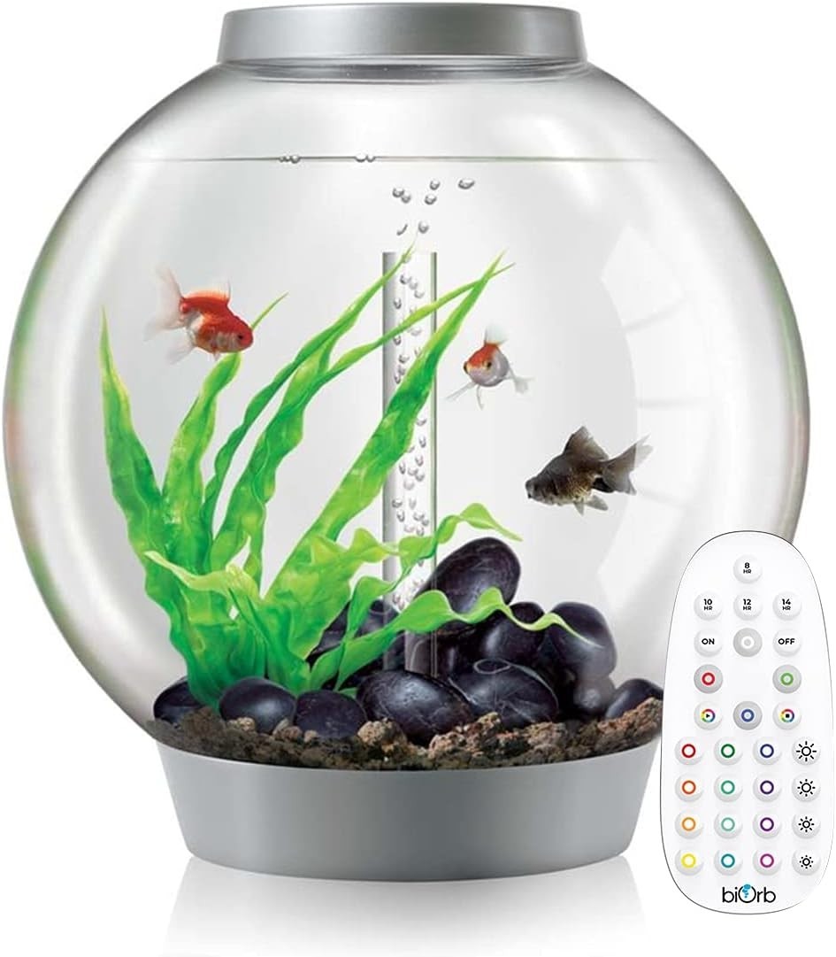 60L Round Aquarium with LED Lighting – Silver Modern Desktop Tank