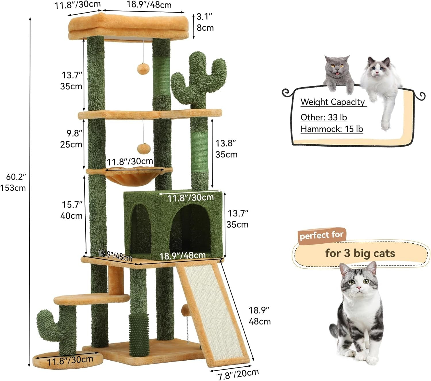 Cactus Cat Tree 153cm Tall Indoor Climbing Tower with Condo Scratching Posts