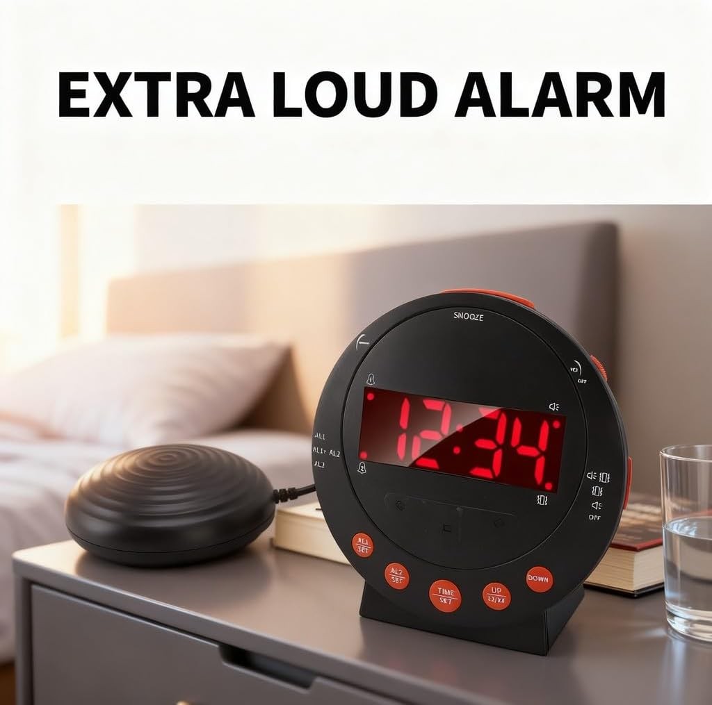 Extra Loud Alarm Clock 110dB Bed Shaker Vibrating Flash Light Heavy Sleepers