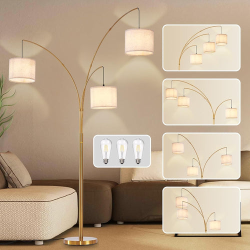 3-Head Gold Arc Floor Lamp Beige Shade Dimmable LED Living Room Light
