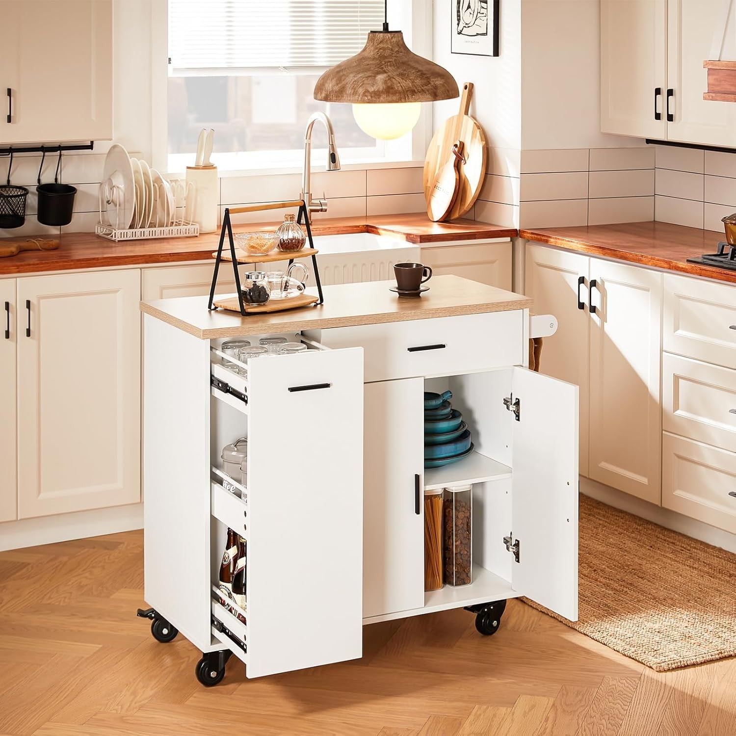 Kitchen Island on Wheels Storage Cabinet with Drawers Towel Rail Wood Top