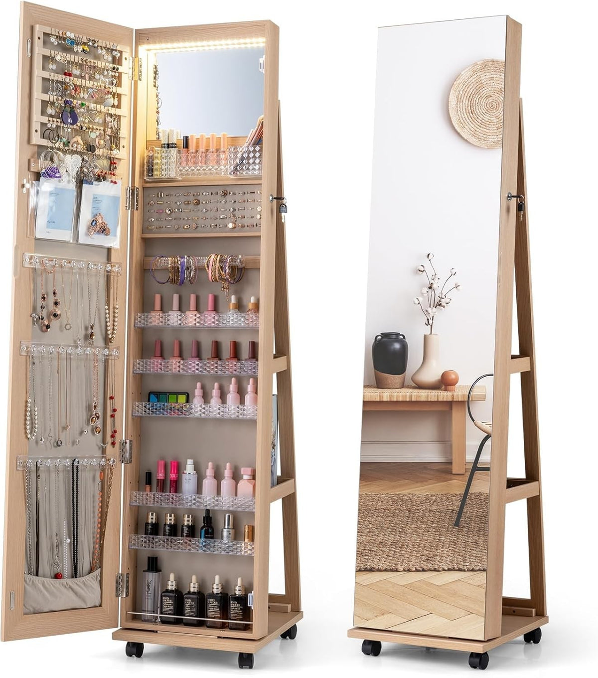 Natural 360° Swivel Jewelry Cabinet LED Mirror Lockable Rolling Storage