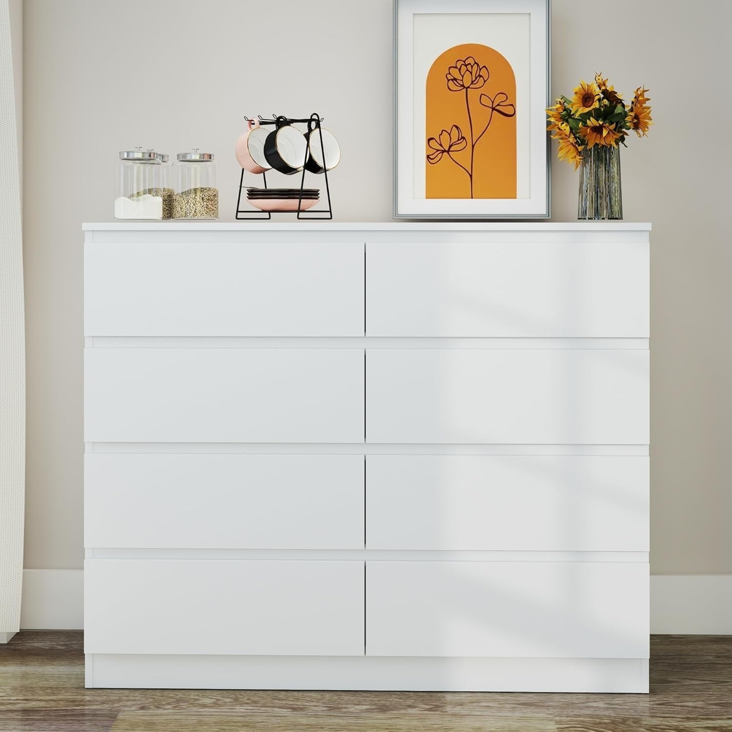 Modern White 8 Drawer Chest Wide Storage Unit No Handles 115x95x39cm